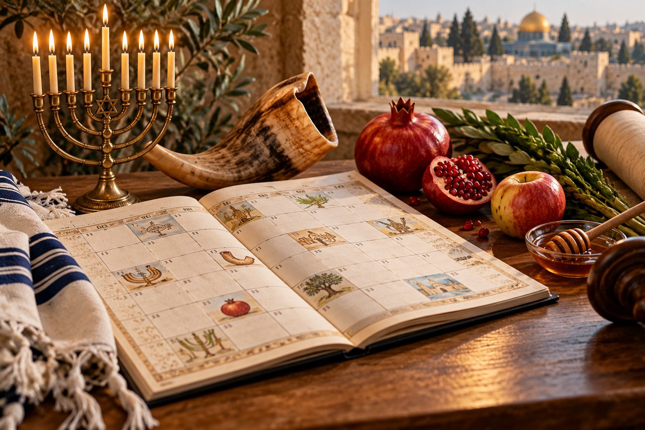 Symbolic still life of Jewish calendar traditions; calendar page is illustrative, not a date source