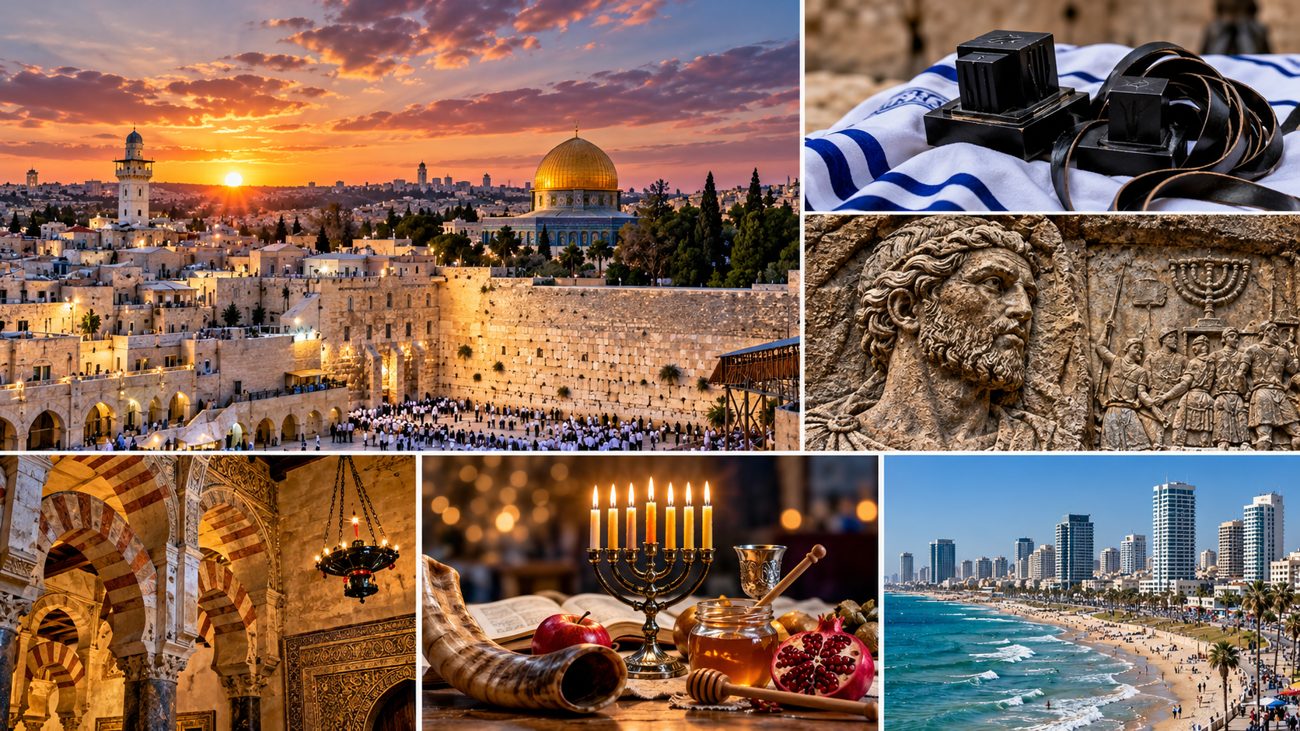 Illustrative collage: Jewish history and life; not an archival document