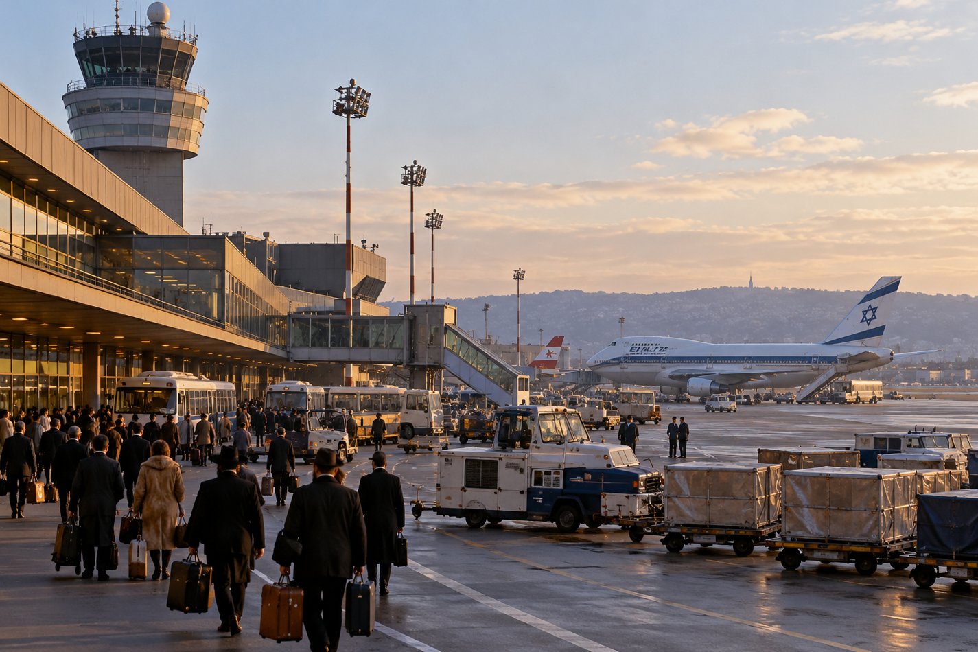 Interpretive illustration of a 1980s airport, NOT archival documentation